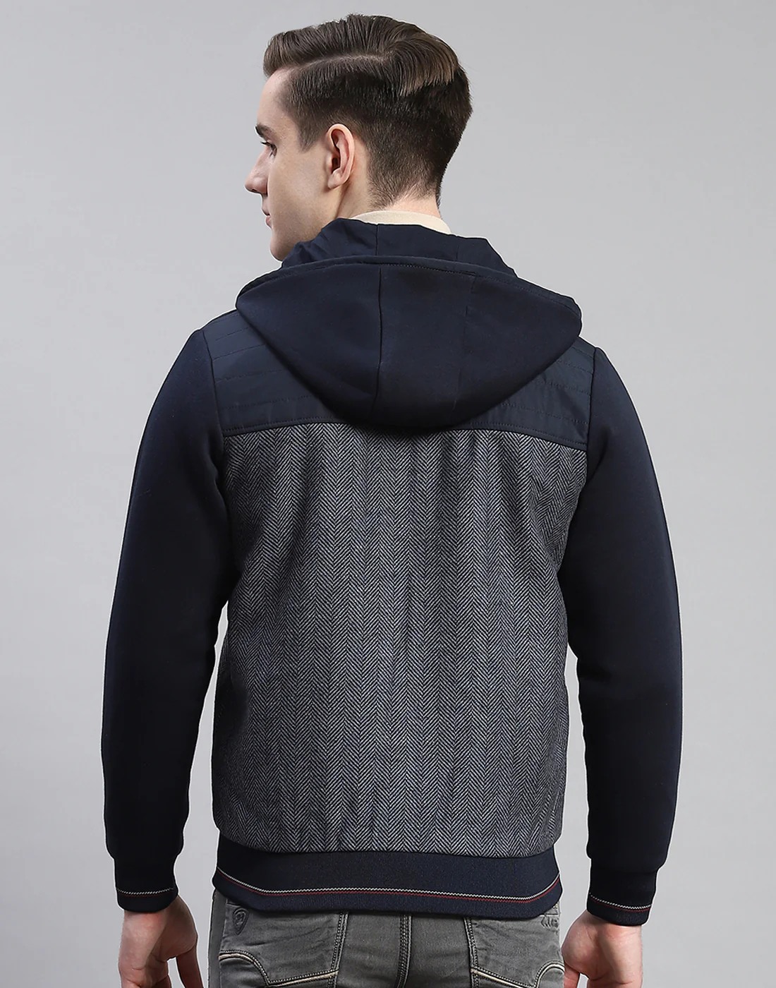 Men Navy Blue Hooded Jacket with Attached Inflatable Neck Pillow - Image 5