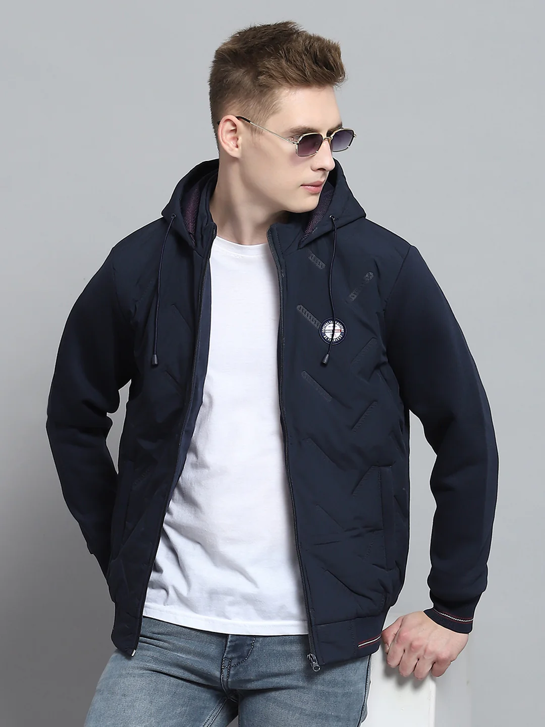 Men Navy Blue Solid Hooded Full Sleeve Sweatshirt - Image 6