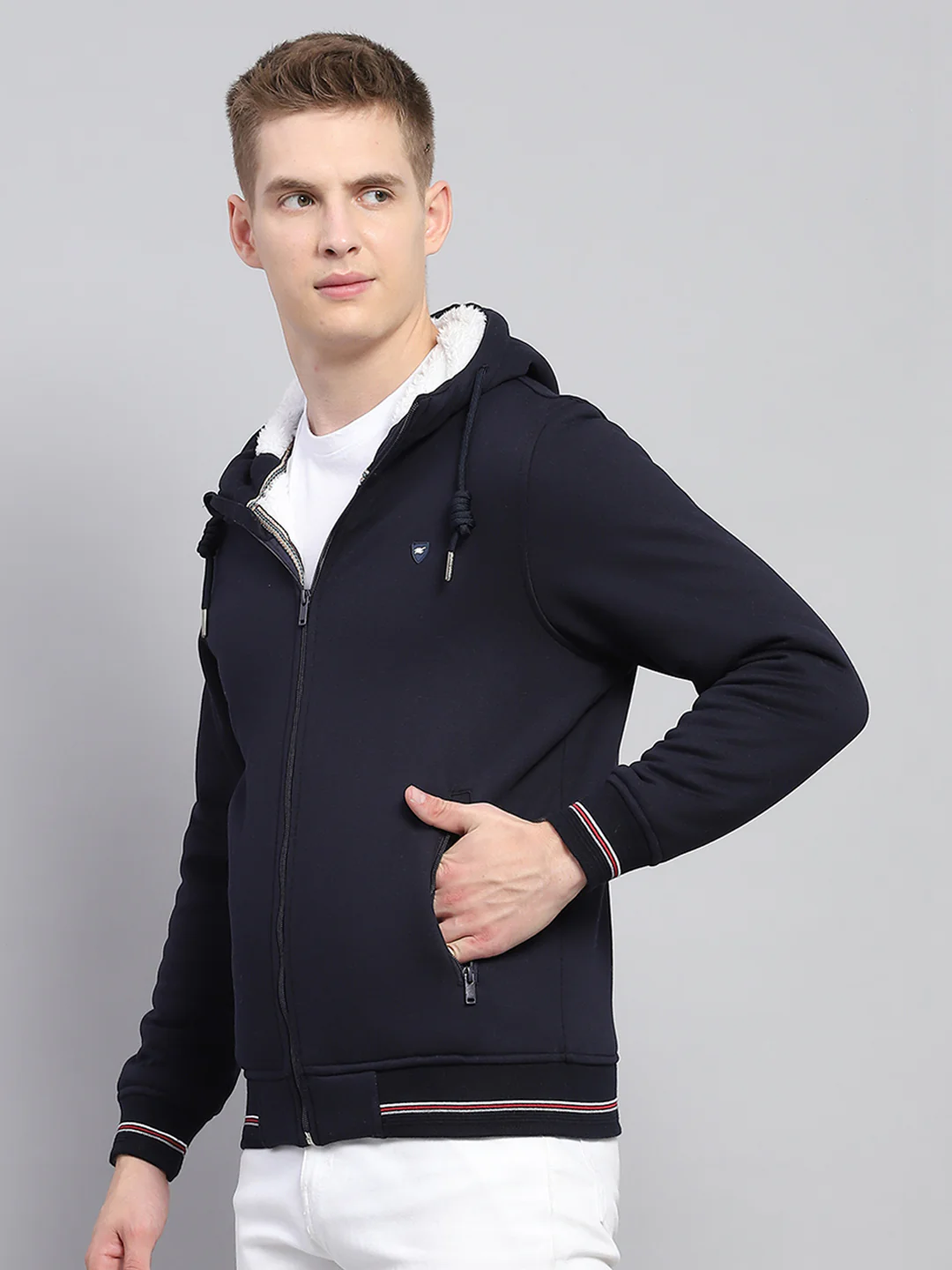 Men Navy Blue Solid Hooded Full Sleeve Sweatshirt - Image 3