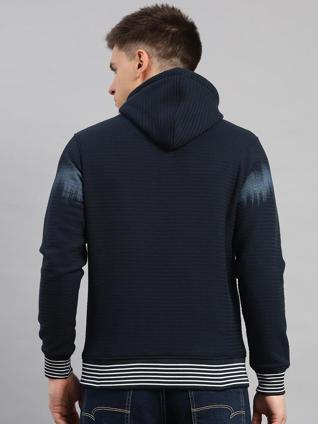 Men Navy Blue Solid Hooded Full Sleeve Sweatshirt - Image 5