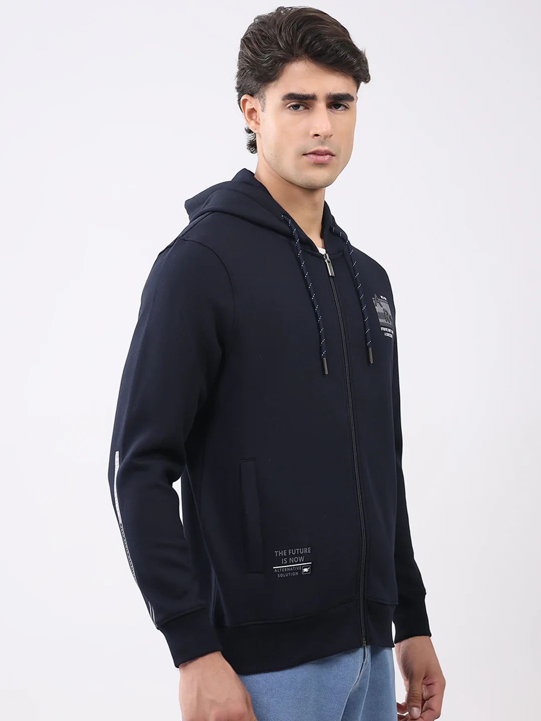 Men Navy Blue Solid Hooded Full Sleeve Sweatshirt - Image 4