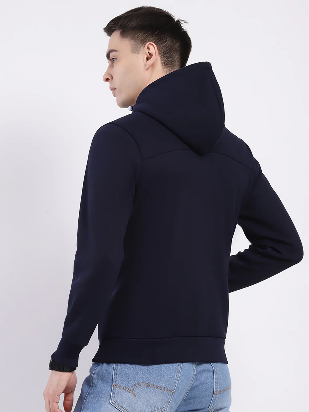 Men Navy Blue Solid Hooded Full Sleeve Sweatshirt - Image 5