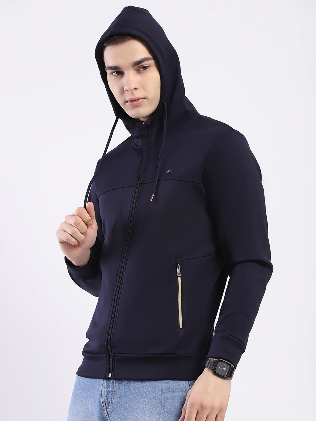 Men Navy Blue Solid Hooded Full Sleeve Sweatshirt - Image 7