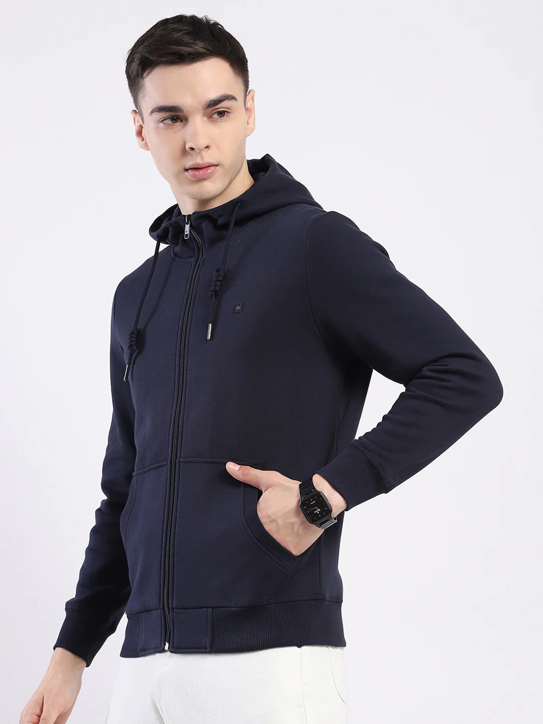 Men Navy Blue Solid Hooded Full Sleeve Sweatshirt - Image 3