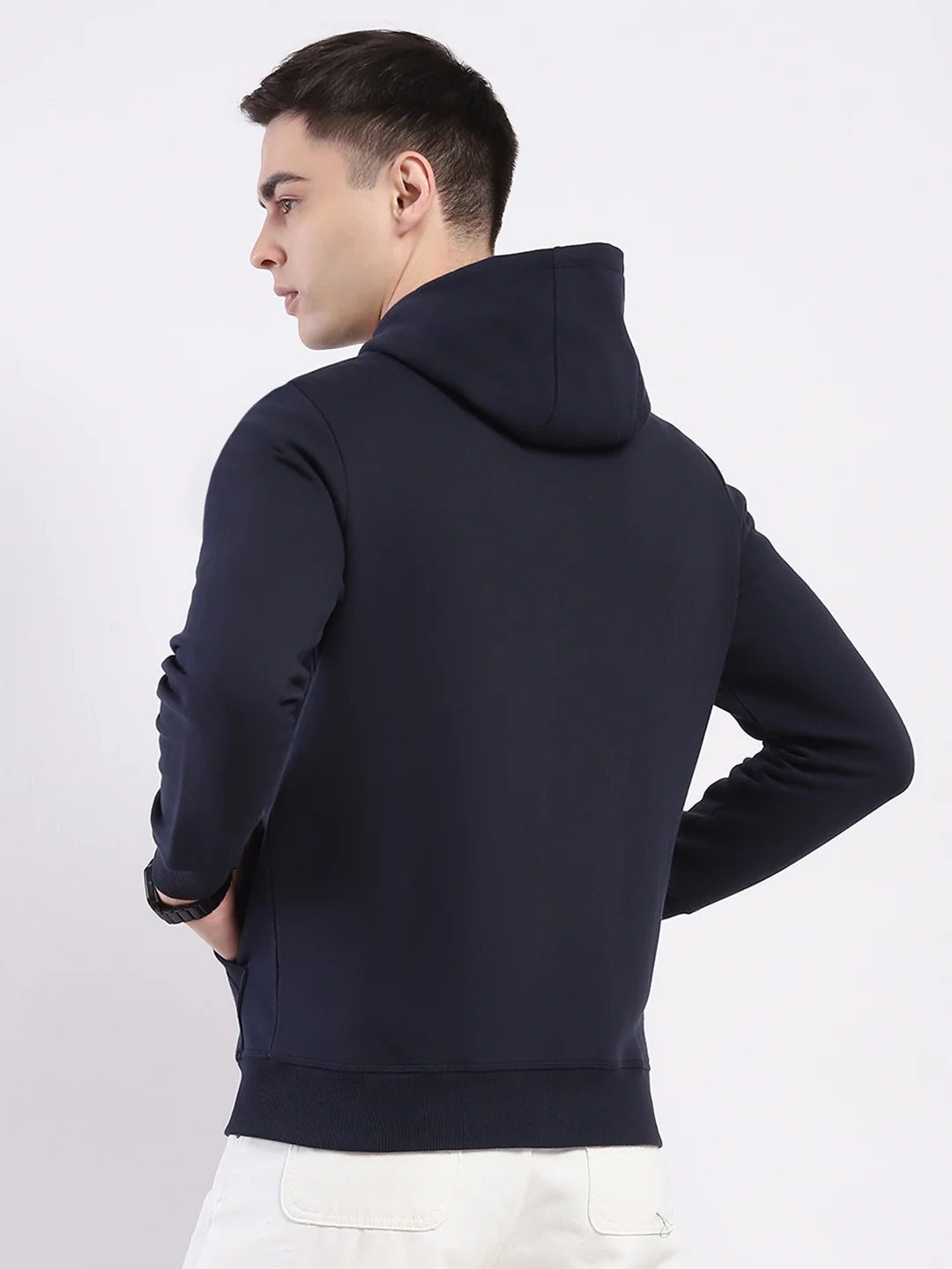 Men Navy Blue Solid Hooded Full Sleeve Sweatshirt - Image 5