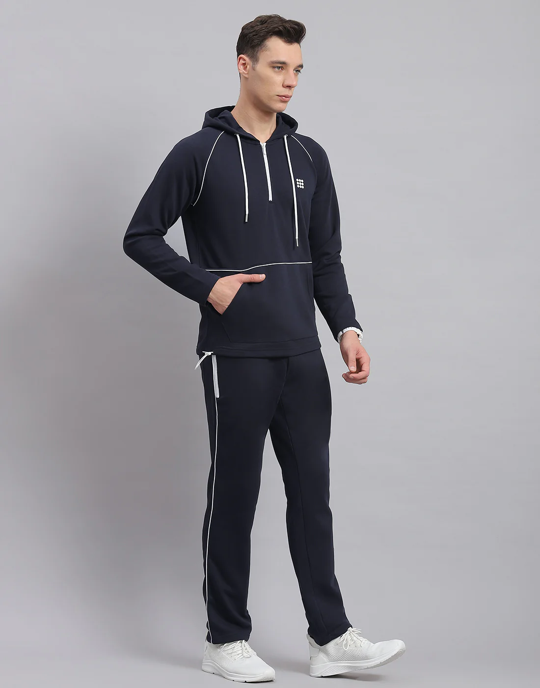 Rock.it Men Navy Blue Solid Hooded Full Sleeve Tracksuit - Image 4
