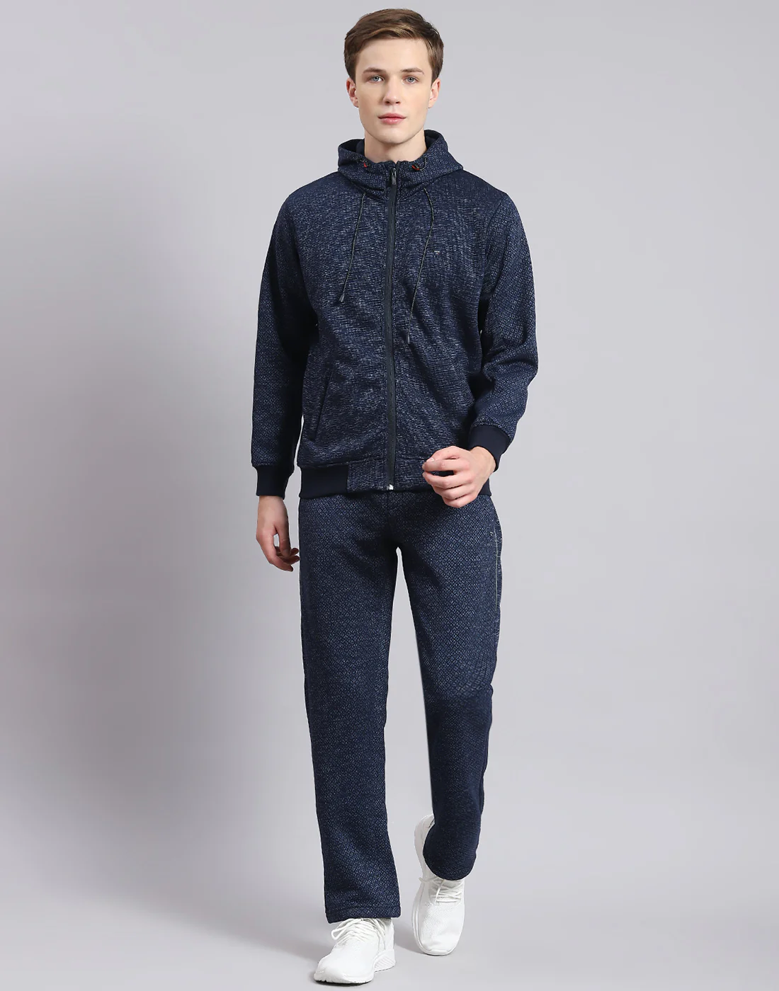 Men Navy Blue Solid Hooded Full Sleeve Tracksuit - Image 2