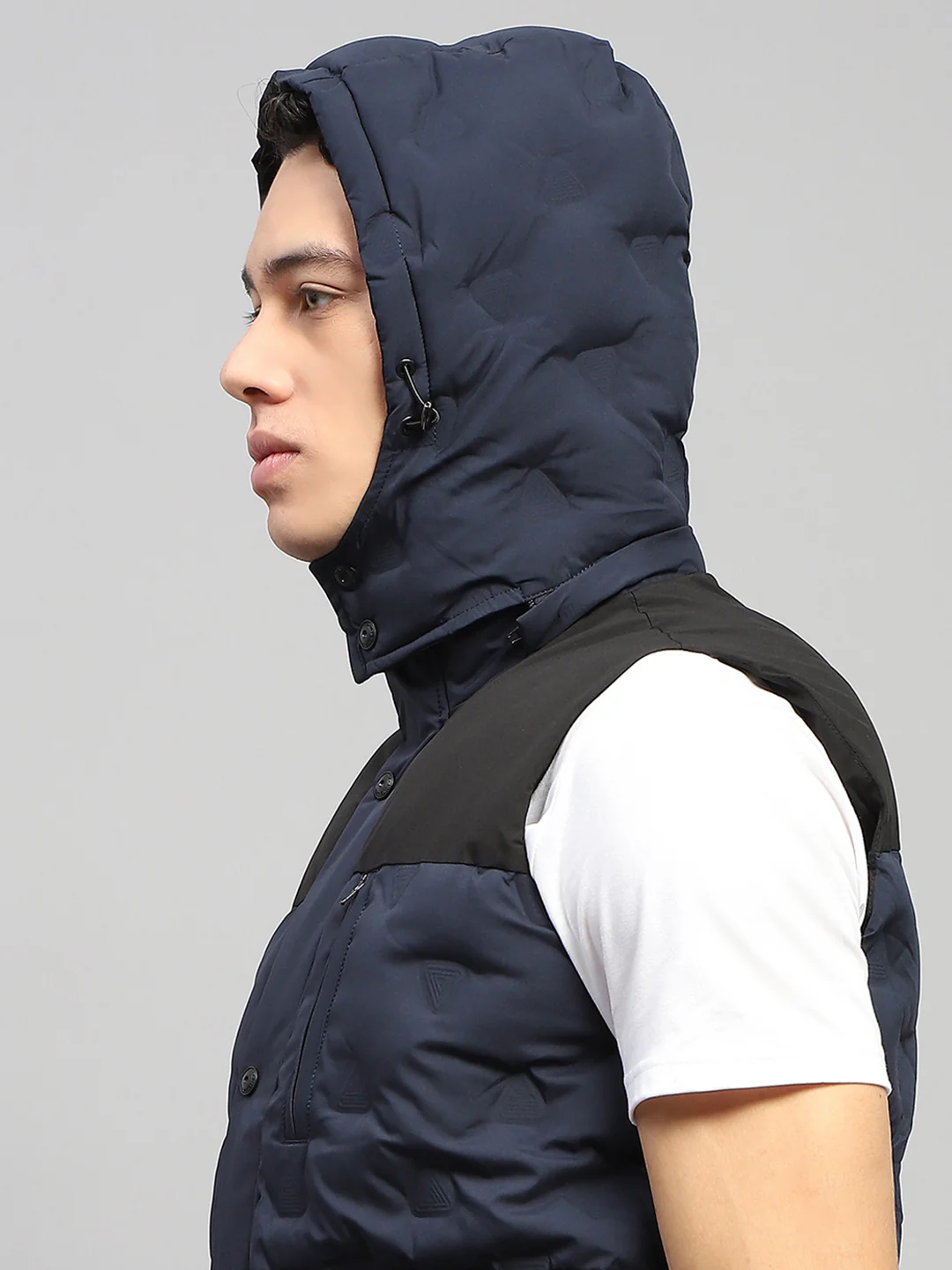 Men Navy Blue Solid Hooded Sleeveless Jacket - Image 7