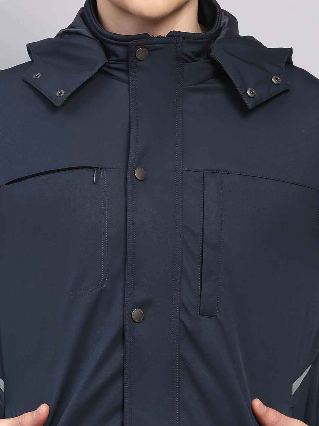Men Navy Blue Solid Hooded Traveller Jacket With Night Visibility Reflective Strip - Image 6