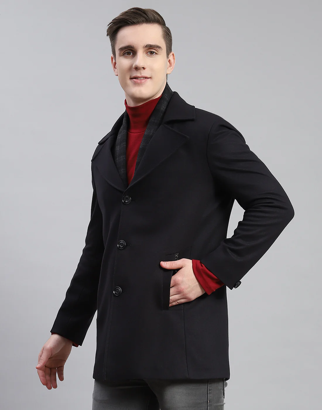 Men Navy Blue Solid Lapel Collar Full Sleeve Coat - Image 3