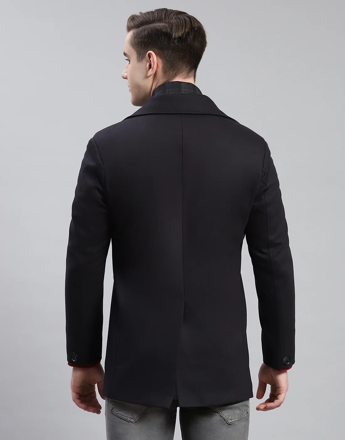Men Navy Blue Solid Lapel Collar Full Sleeve Coat - Image 5