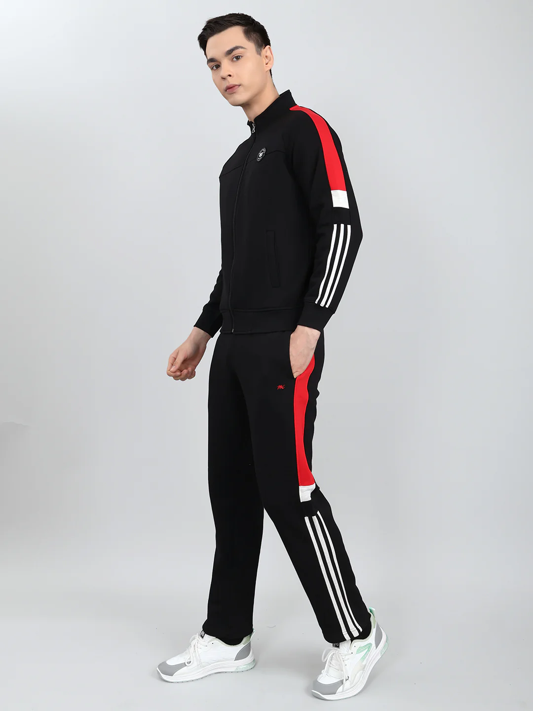 Men Navy Blue Solid Mandarin Collar Full Sleeve Winter Tracksuit - Image 2