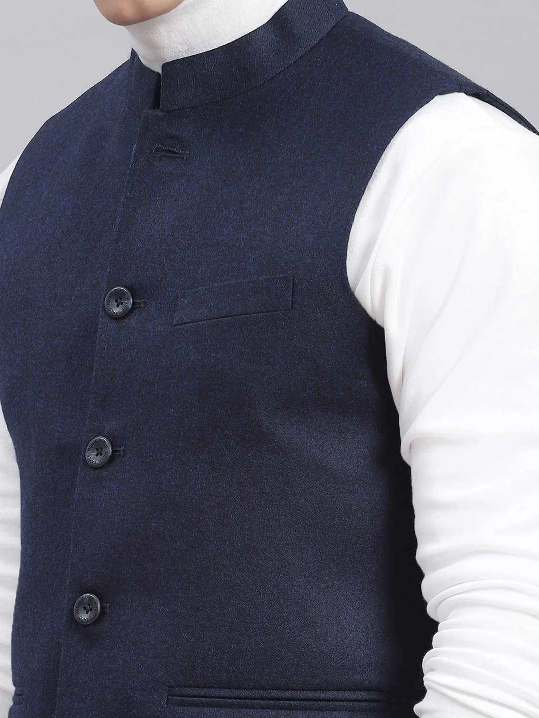 Men Navy Blue Solid Mandarin Collar Sleeveless Nehru Jackets - Image 6