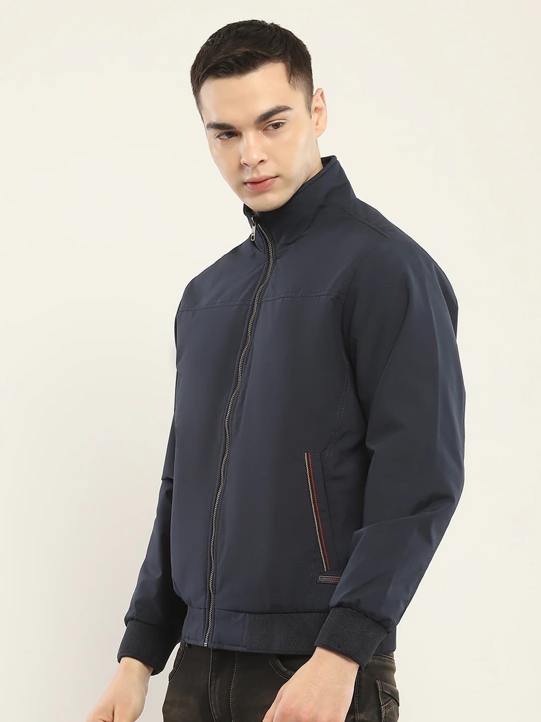 Men Navy Blue Solid Mock Neck Full Sleeve Jacket - Image 3