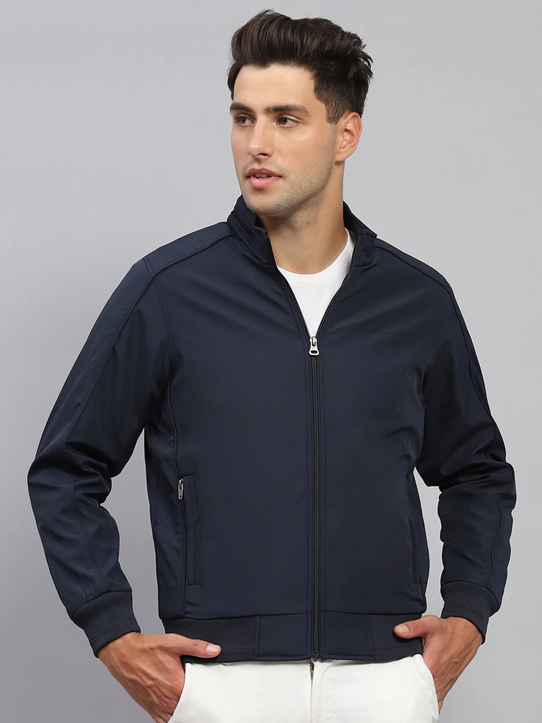 Men Navy Blue Solid Mock Neck Full Sleeve Jacket - Image 2