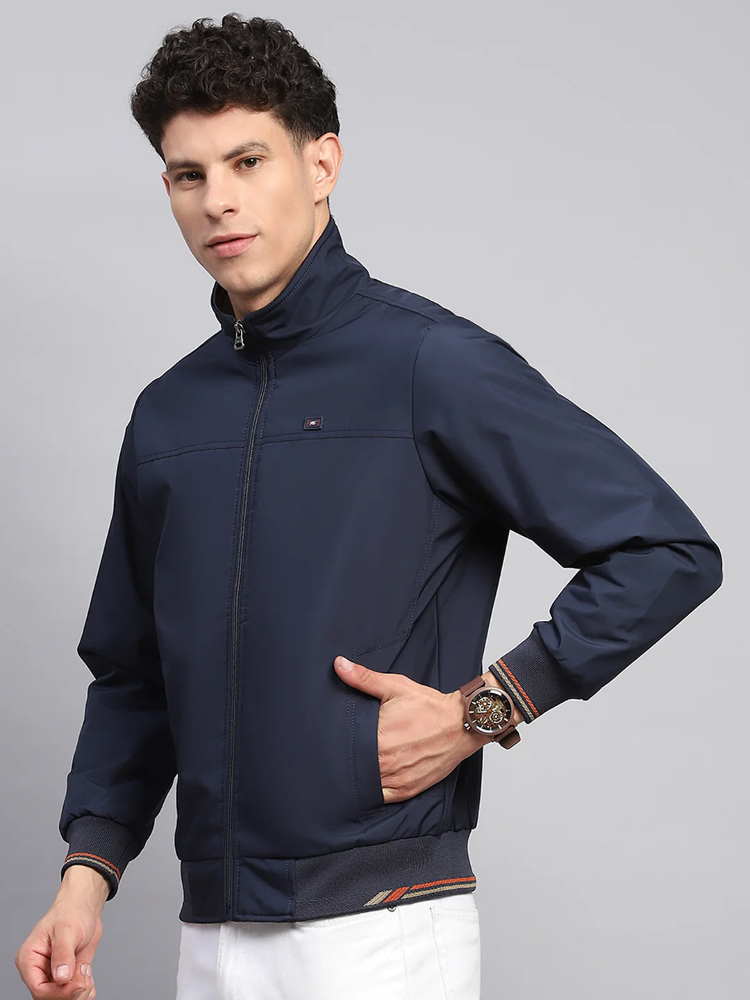 Men Navy Blue Solid Mock Neck Full Sleeve Jacket - Image 3