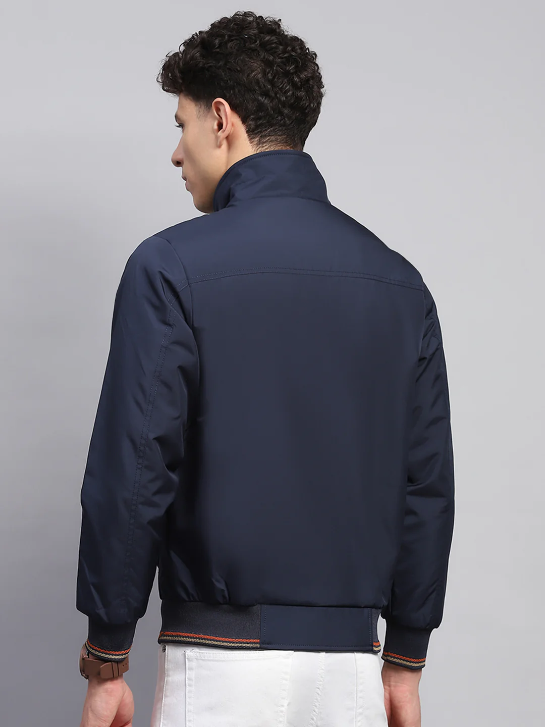 Men Navy Blue Solid Mock Neck Full Sleeve Jacket - Image 5