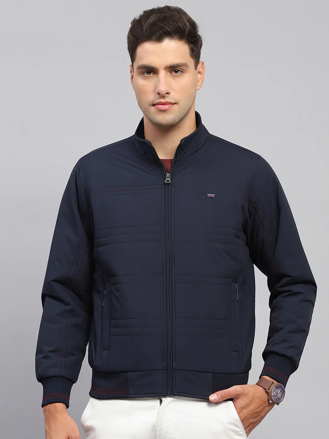 Men Navy Blue Solid Mock Neck Full Sleeve Jacket - Image 2