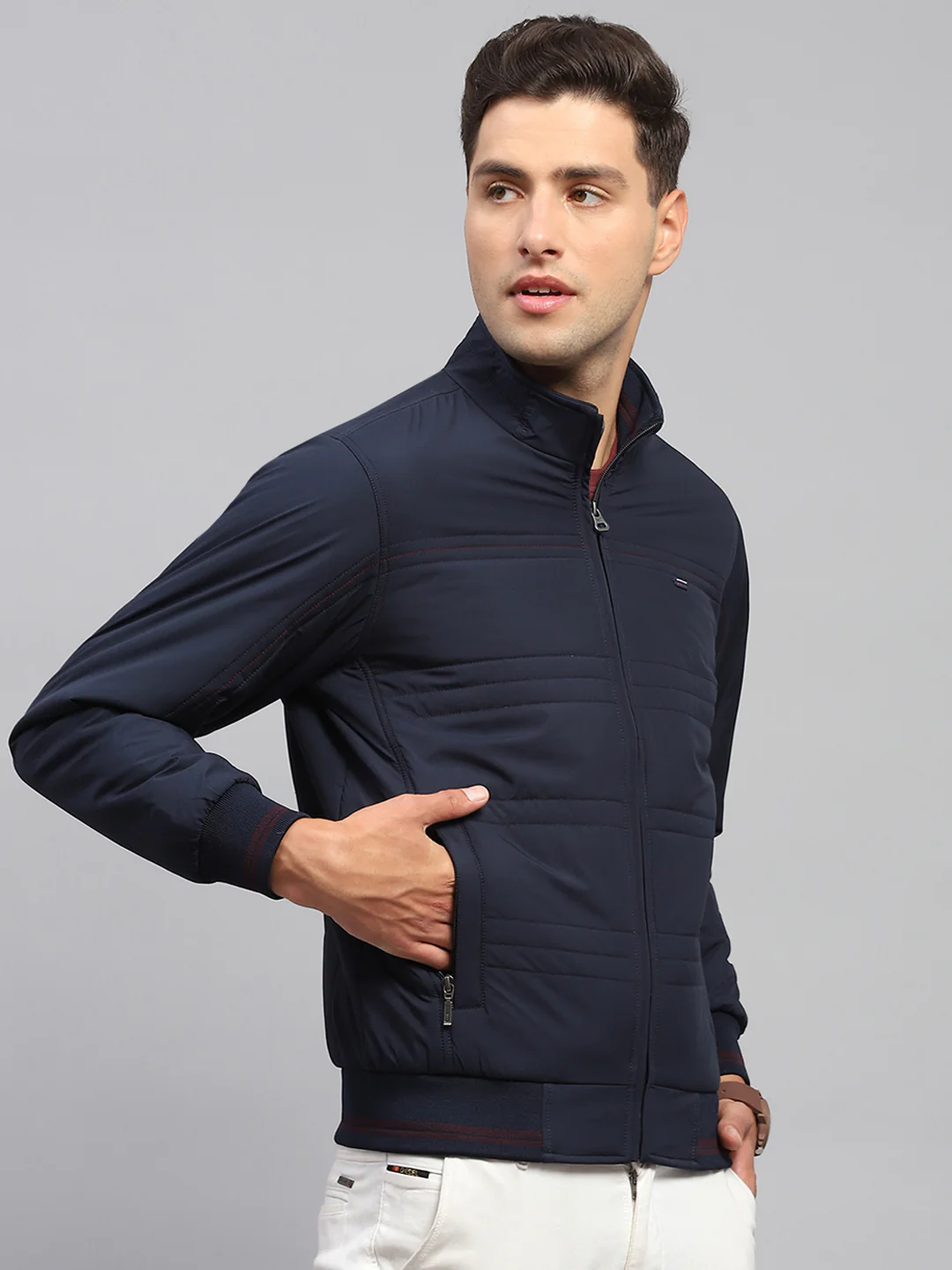 Men Navy Blue Solid Mock Neck Full Sleeve Jacket - Image 4