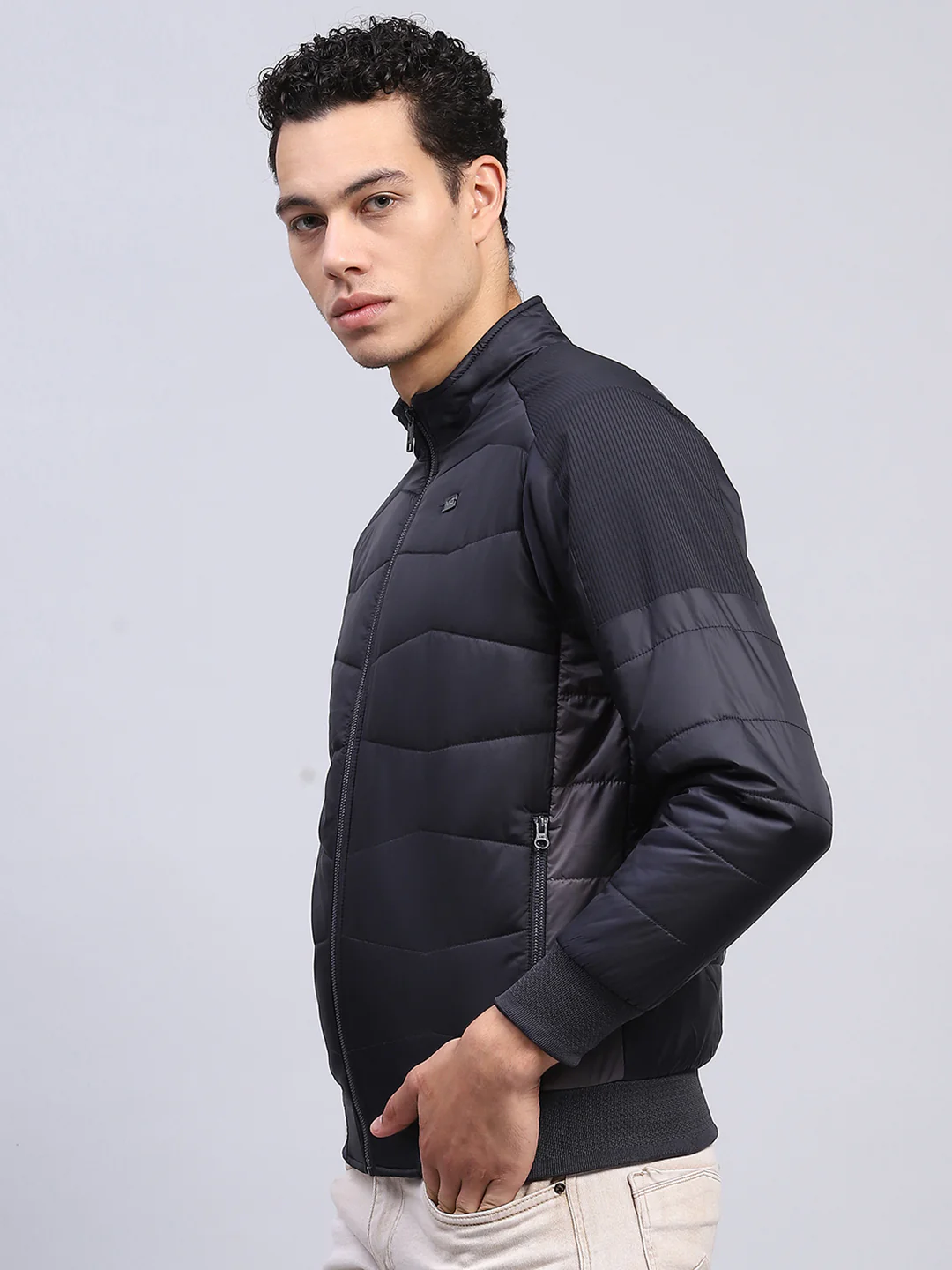 Men Navy Blue Solid Mock Neck Full Sleeve Jacket - Image 3