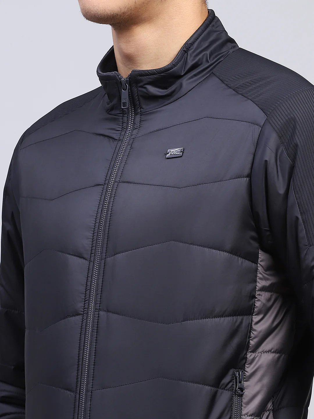 Men Navy Blue Solid Mock Neck Full Sleeve Jacket - Image 6