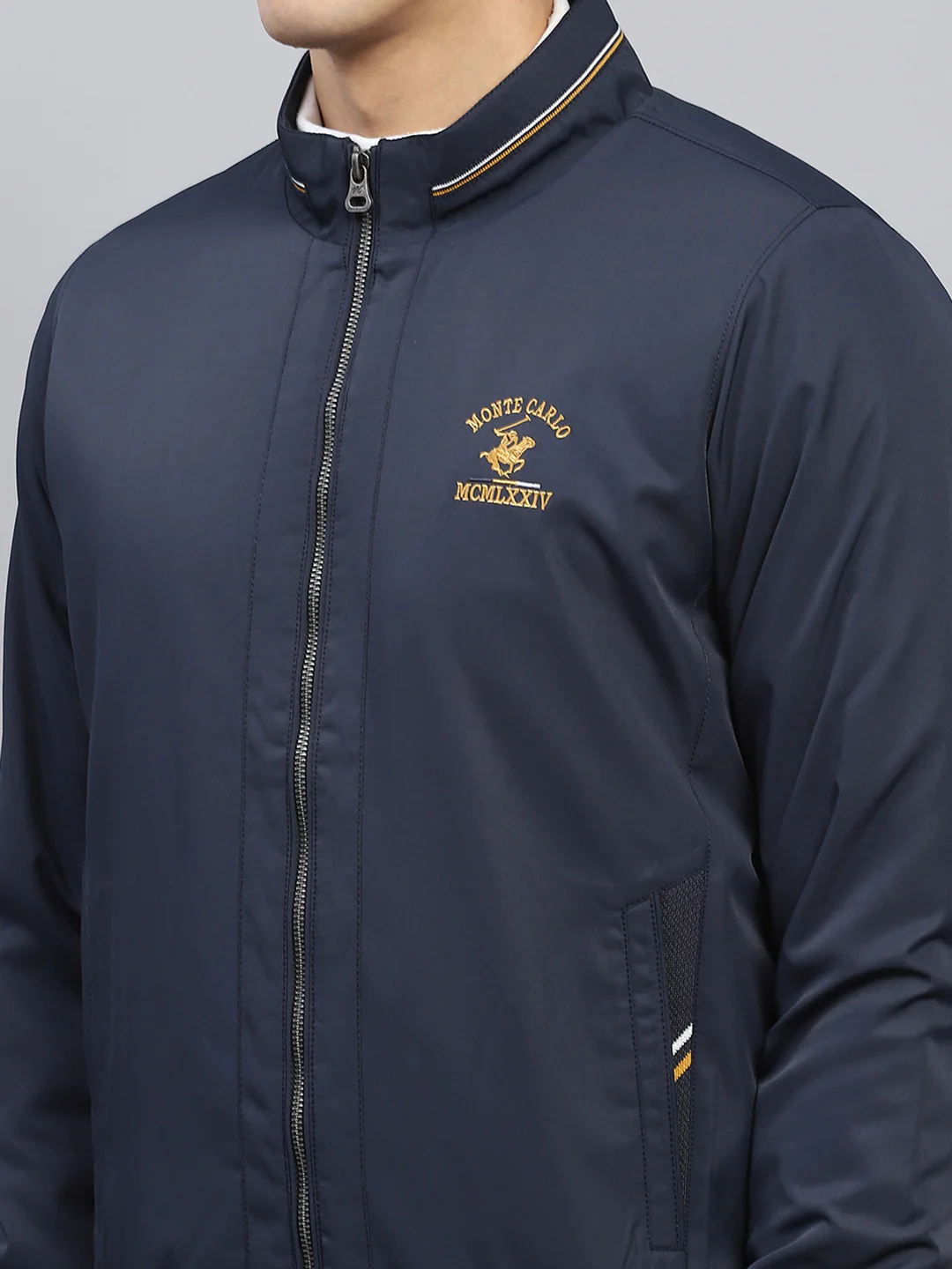 Men Navy Blue Solid Mock Neck Full Sleeve Jacket - Image 6