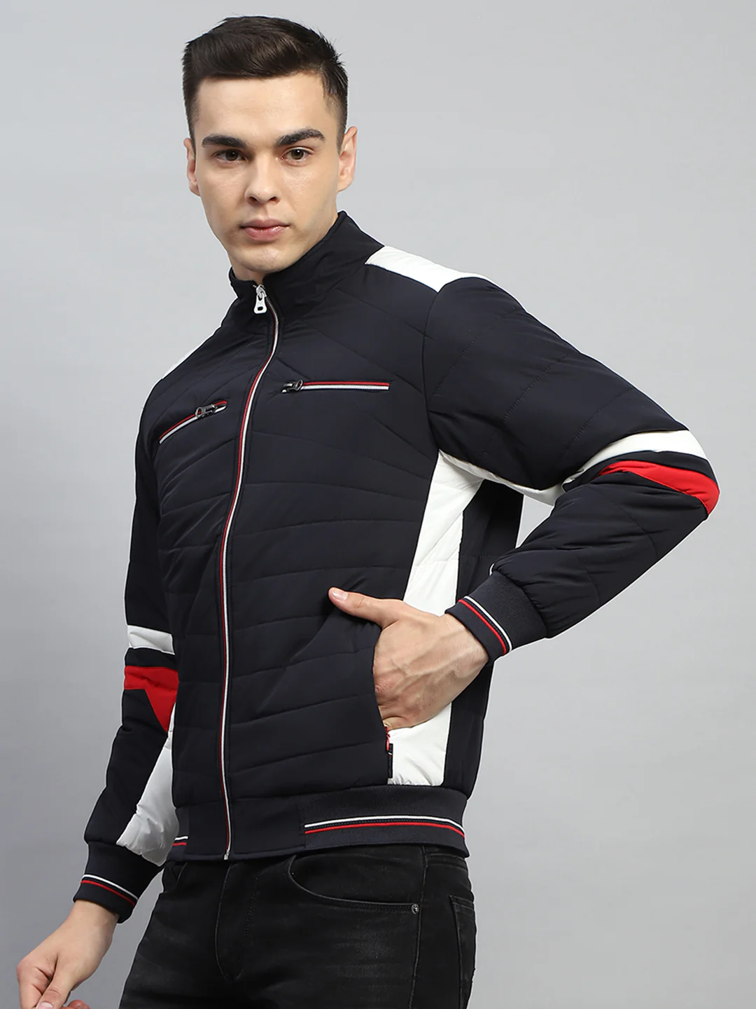 Men Navy Blue Solid Mock Neck Full Sleeve Jacket - Image 3
