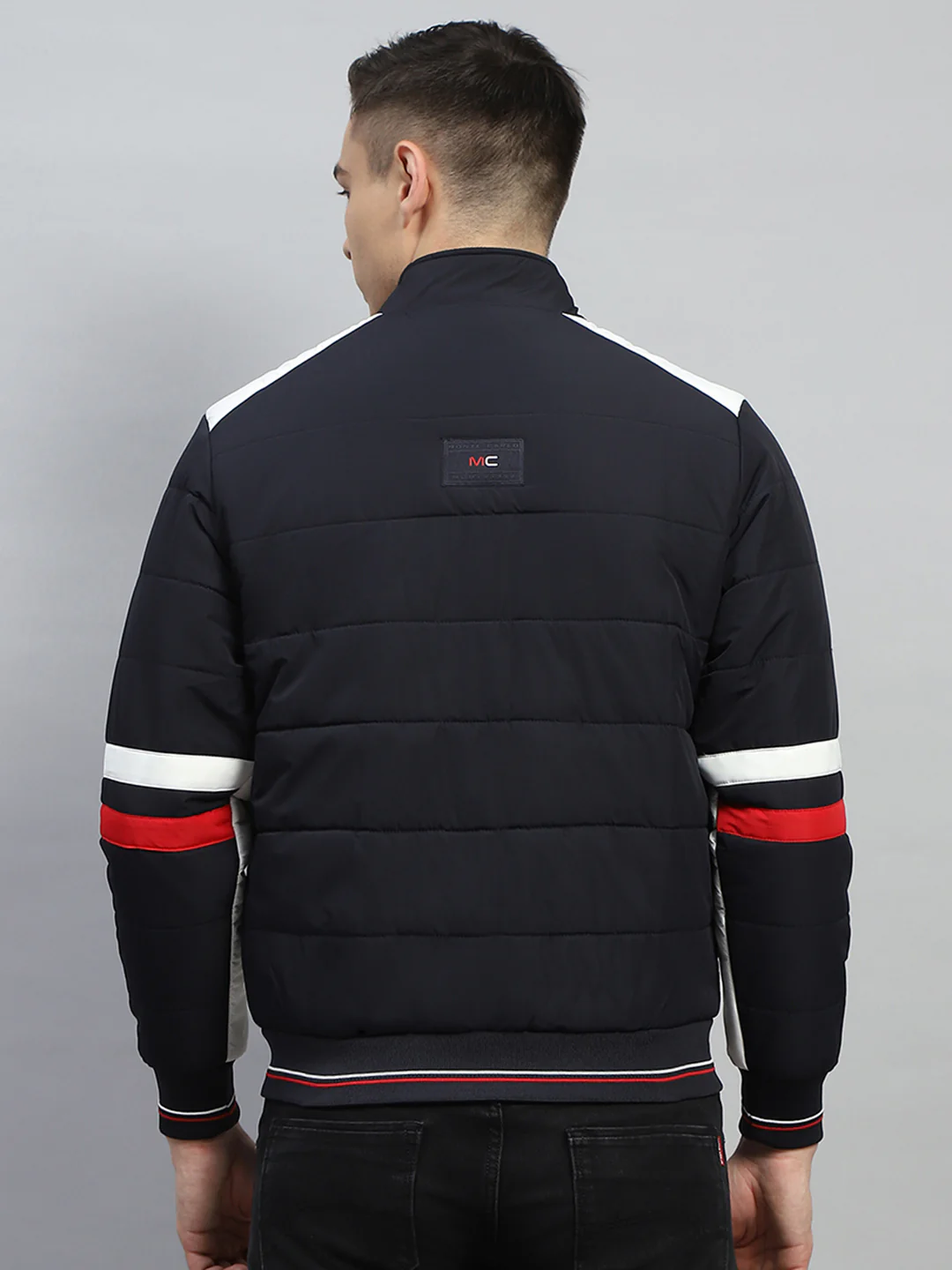 Men Navy Blue Solid Mock Neck Full Sleeve Jacket - Image 5