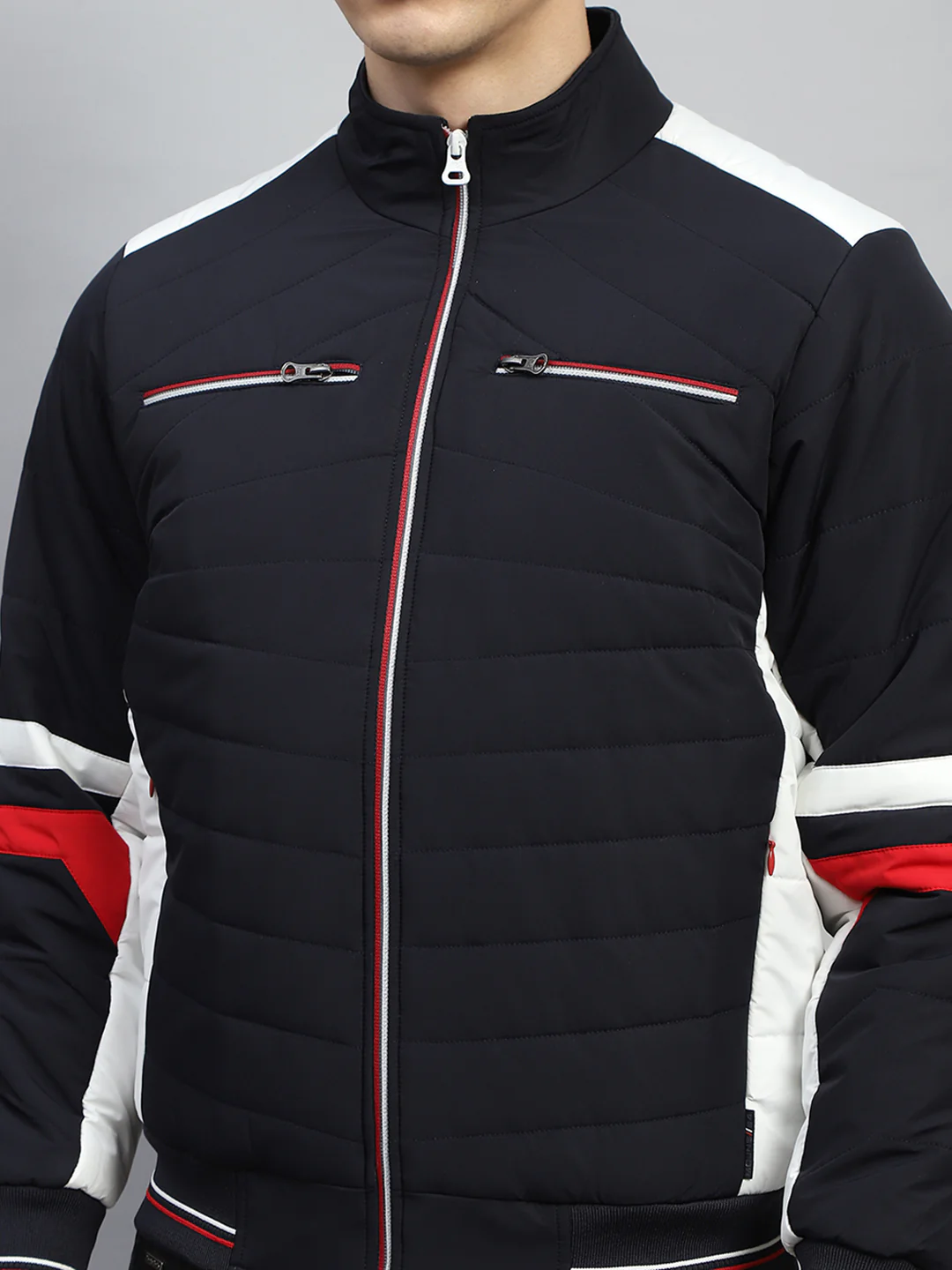 Men Navy Blue Solid Mock Neck Full Sleeve Jacket - Image 7