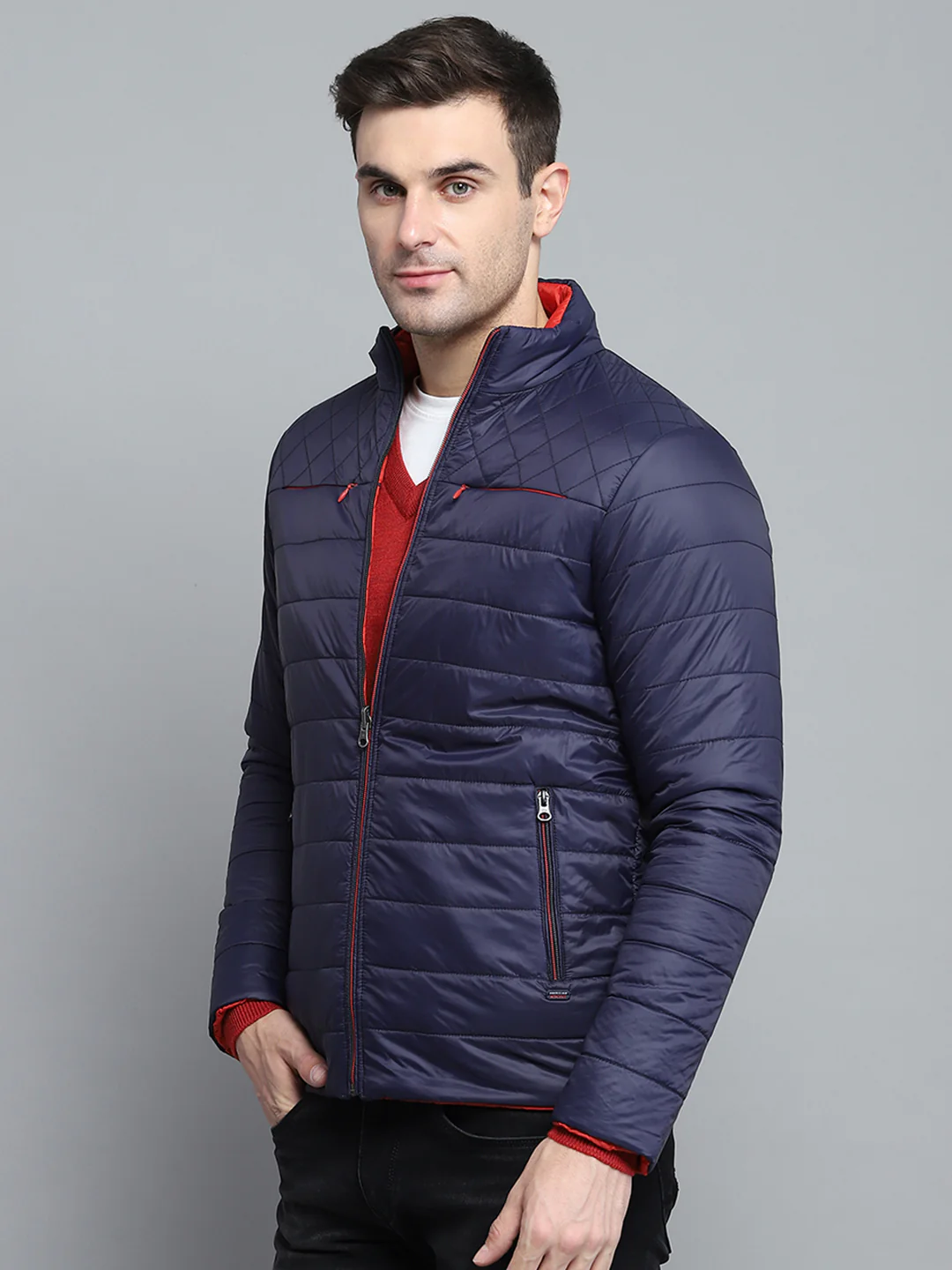 Men Navy Blue Solid Mock Neck Full Sleeve Jacket - Image 4