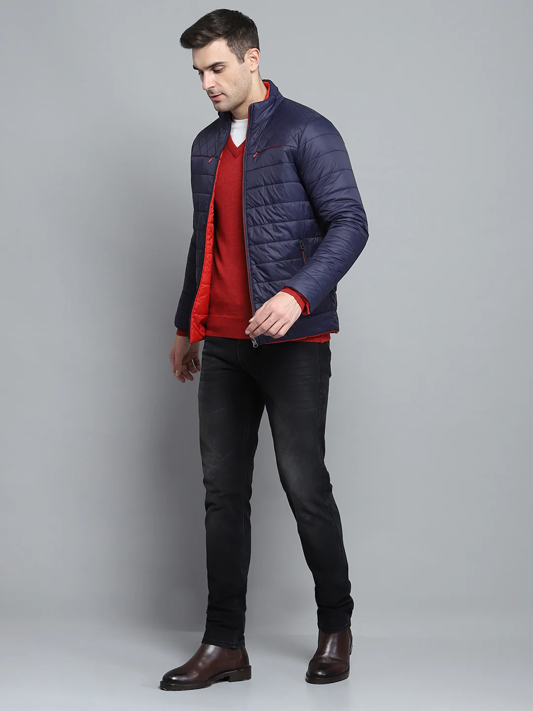 Men Navy Blue Solid Mock Neck Full Sleeve Jacket - Image 6
