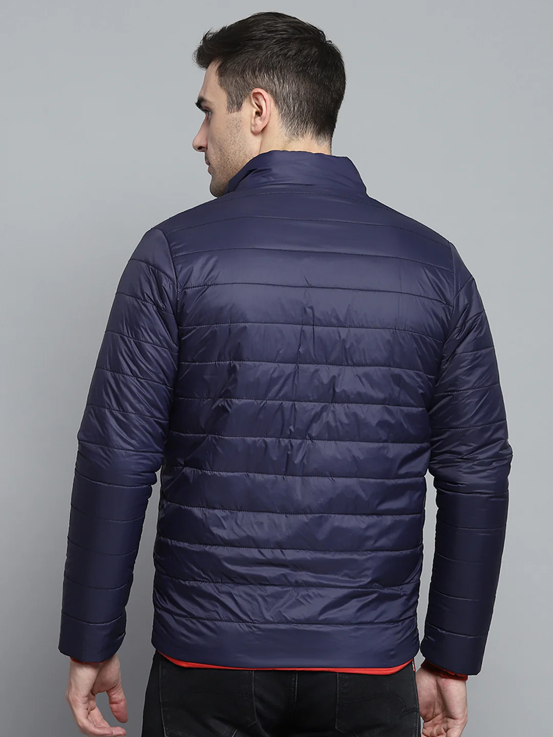 Men Navy Blue Solid Mock Neck Full Sleeve Jacket - Image 8