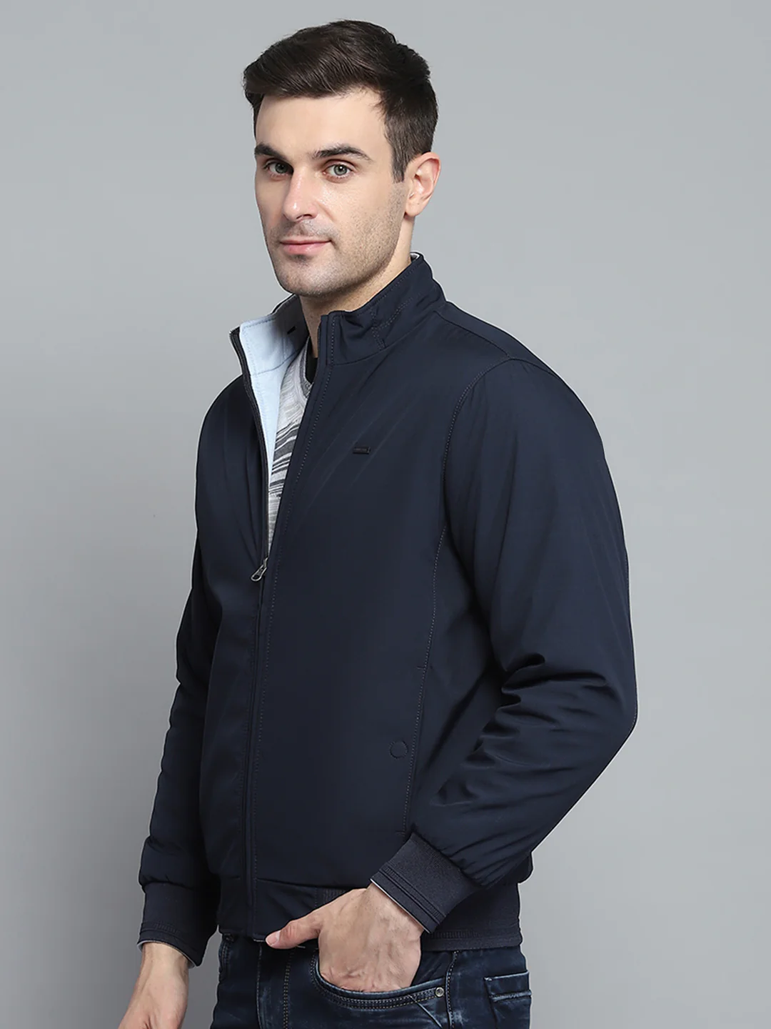Men Navy Blue Solid Mock Neck Full Sleeve Jacket - Image 4