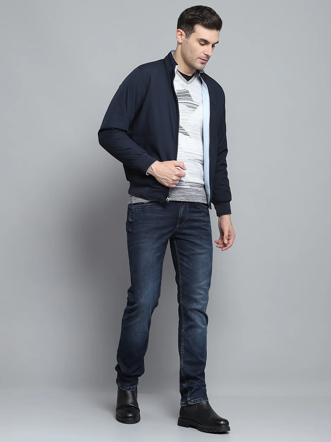 Men Navy Blue Solid Mock Neck Full Sleeve Jacket - Image 6