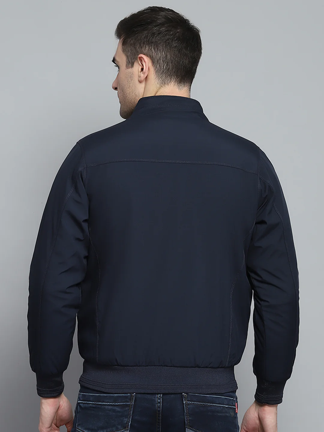 Men Navy Blue Solid Mock Neck Full Sleeve Jacket - Image 8