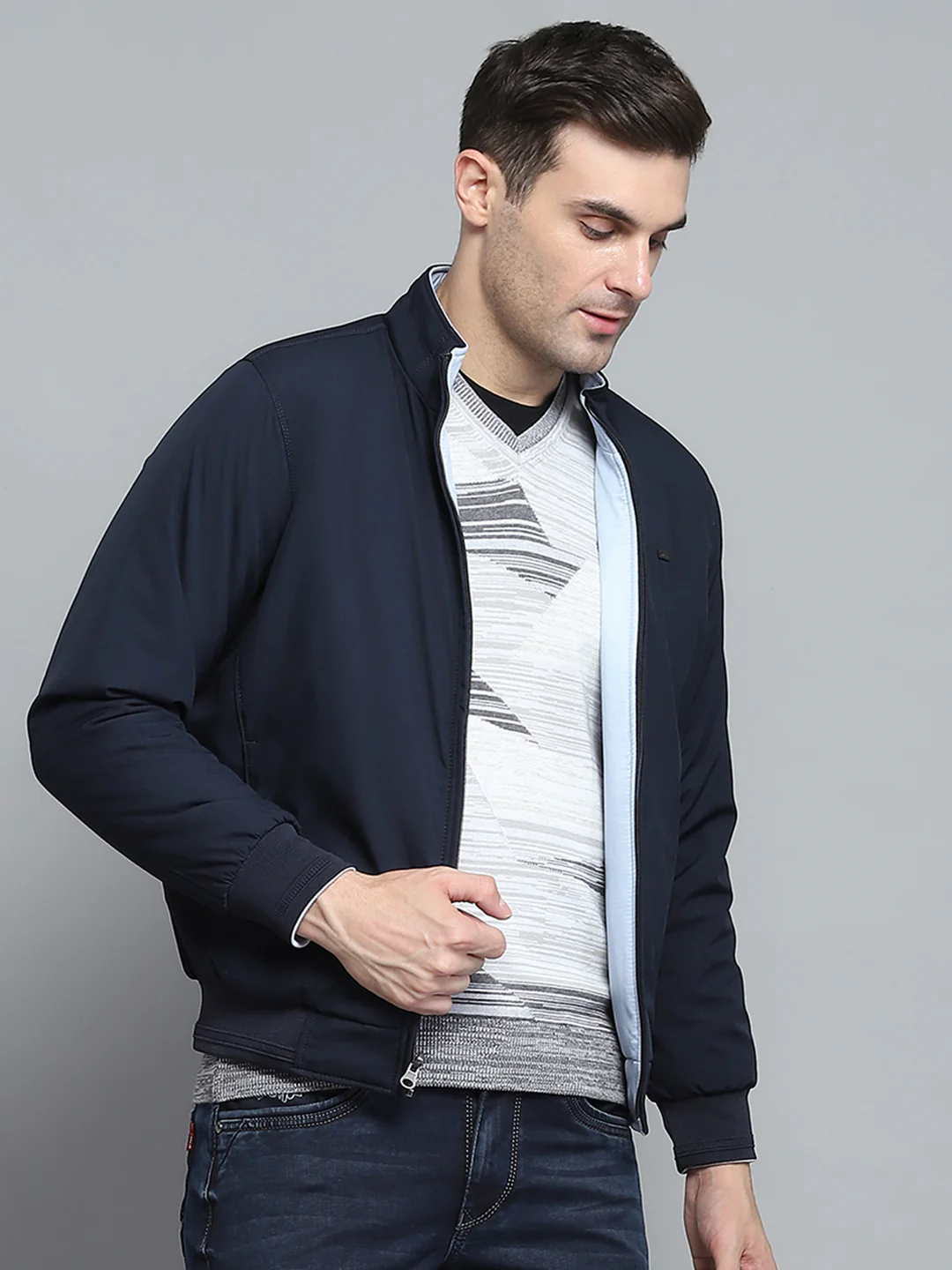 Men Navy Blue Solid Mock Neck Full Sleeve Jacket - Image 9