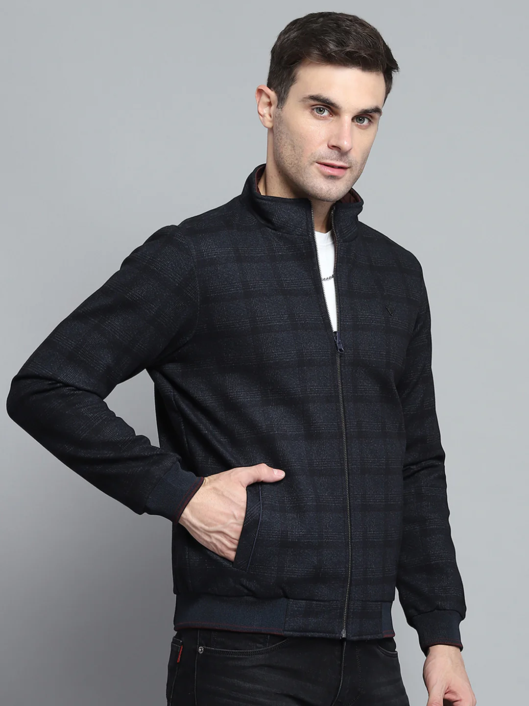 Men Navy Blue Solid Mock Neck Full Sleeve Jacket - Image 4