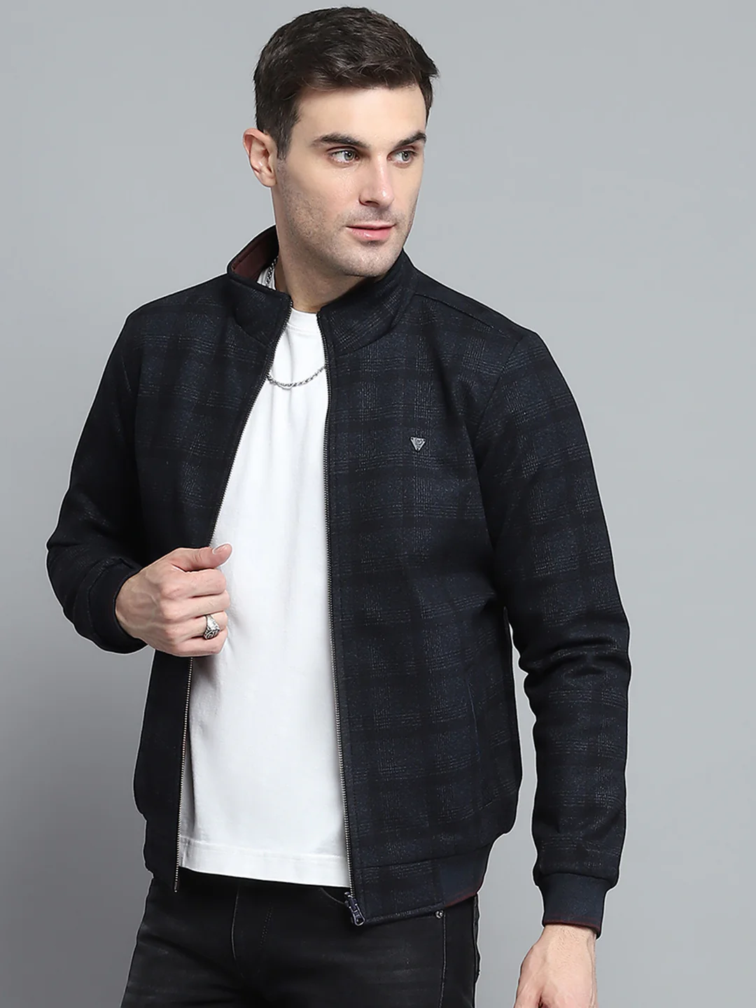Men Navy Blue Solid Mock Neck Full Sleeve Jacket - Image 6