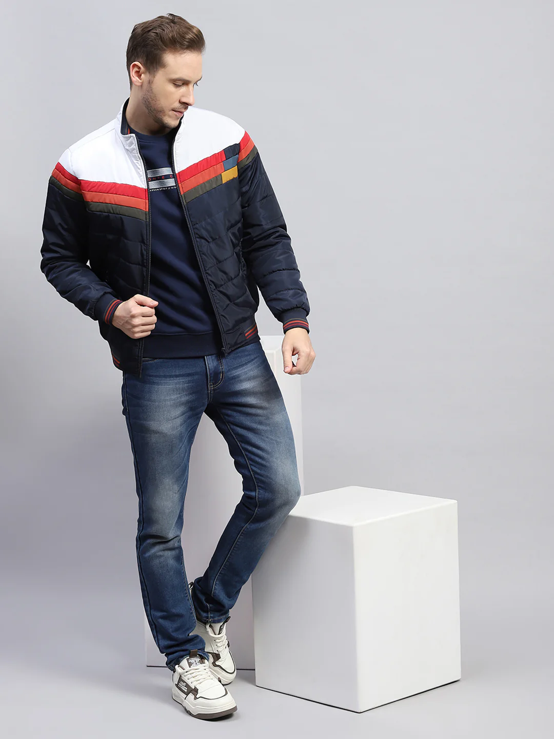Men Navy Blue Solid Mock Neck Full Sleeve Jacket - Image 2