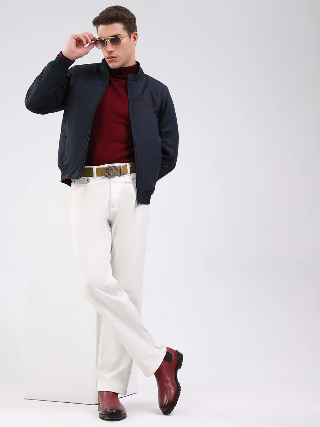 Men Navy Blue Solid Mock Neck Full Sleeve Jacket - Image 2