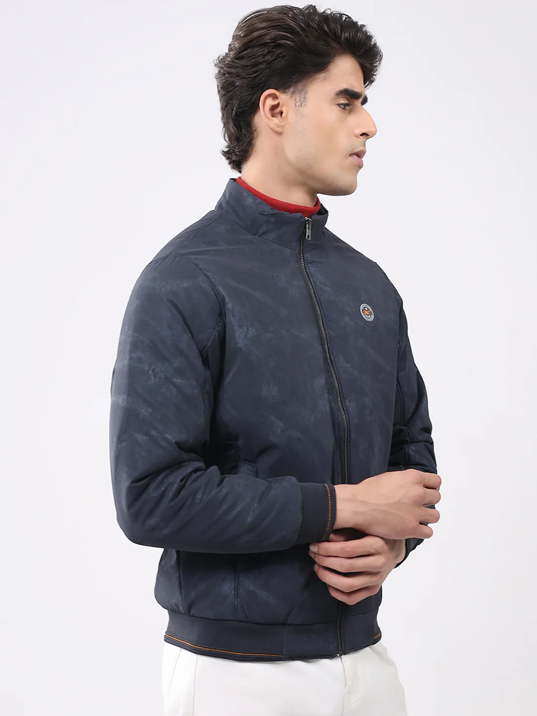 Men Navy Blue Solid Mock Neck Full Sleeve Jacket - Image 4