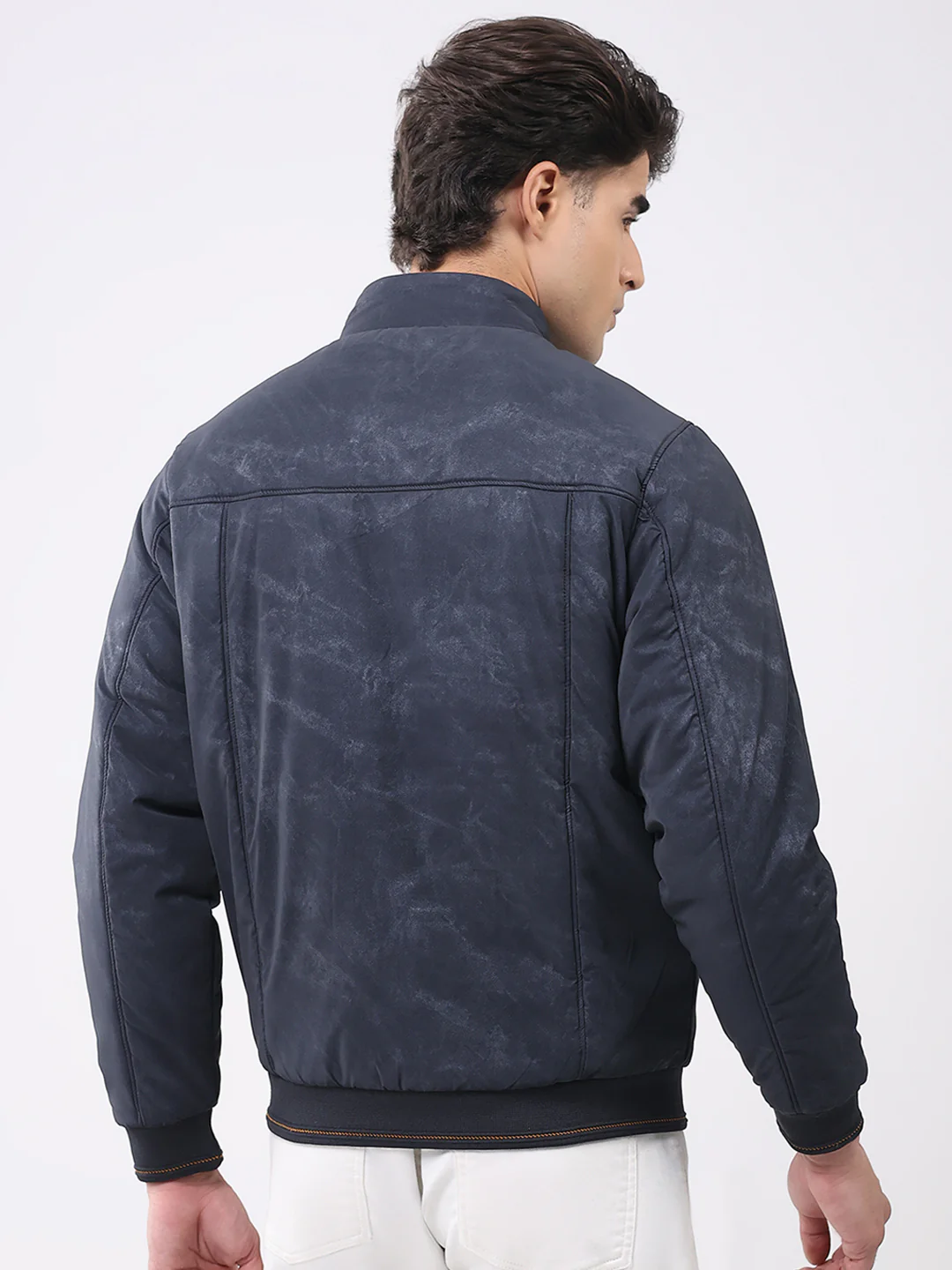 Men Navy Blue Solid Mock Neck Full Sleeve Jacket - Image 5