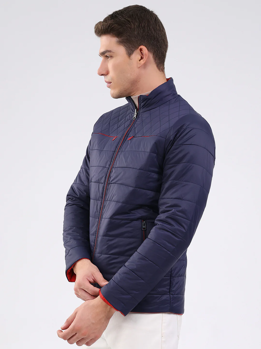 Men Navy Blue Solid Mock Neck Full Sleeve Jacket - Image 3