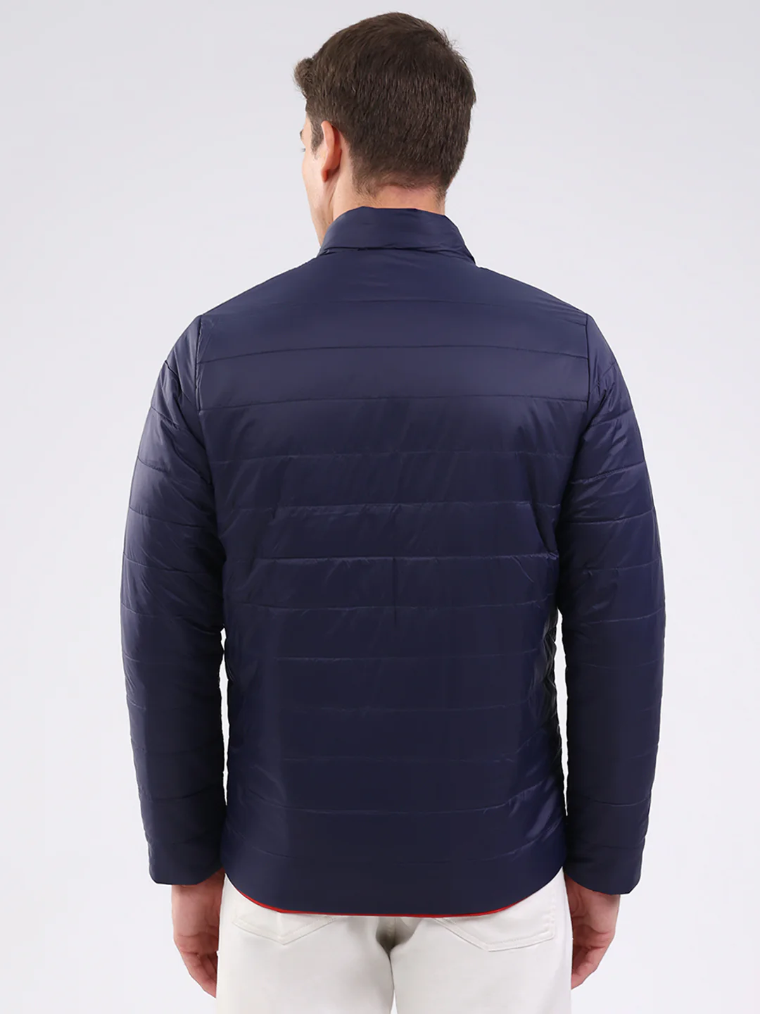 Men Navy Blue Solid Mock Neck Full Sleeve Jacket - Image 5