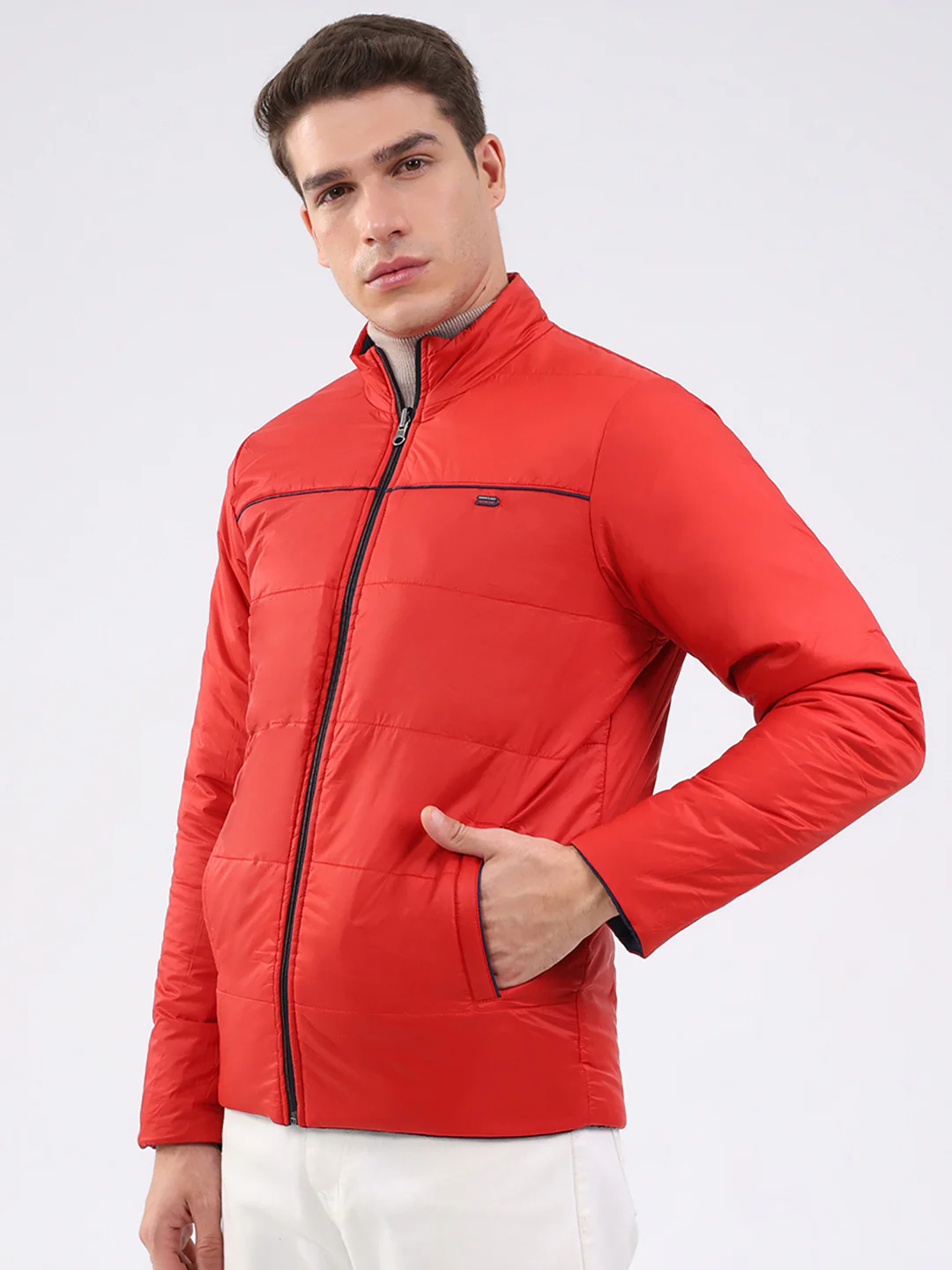 Men Navy Blue Solid Mock Neck Full Sleeve Jacket - Image 7