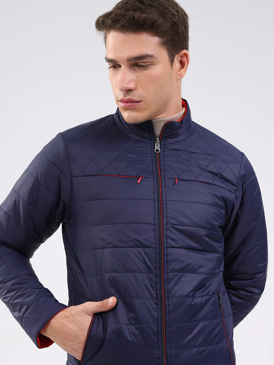Men Navy Blue Solid Mock Neck Full Sleeve Jacket - Image 9