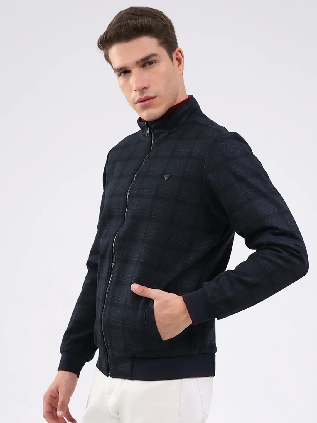 Men Navy Blue Solid Mock Neck Full Sleeve Jacket - Image 3
