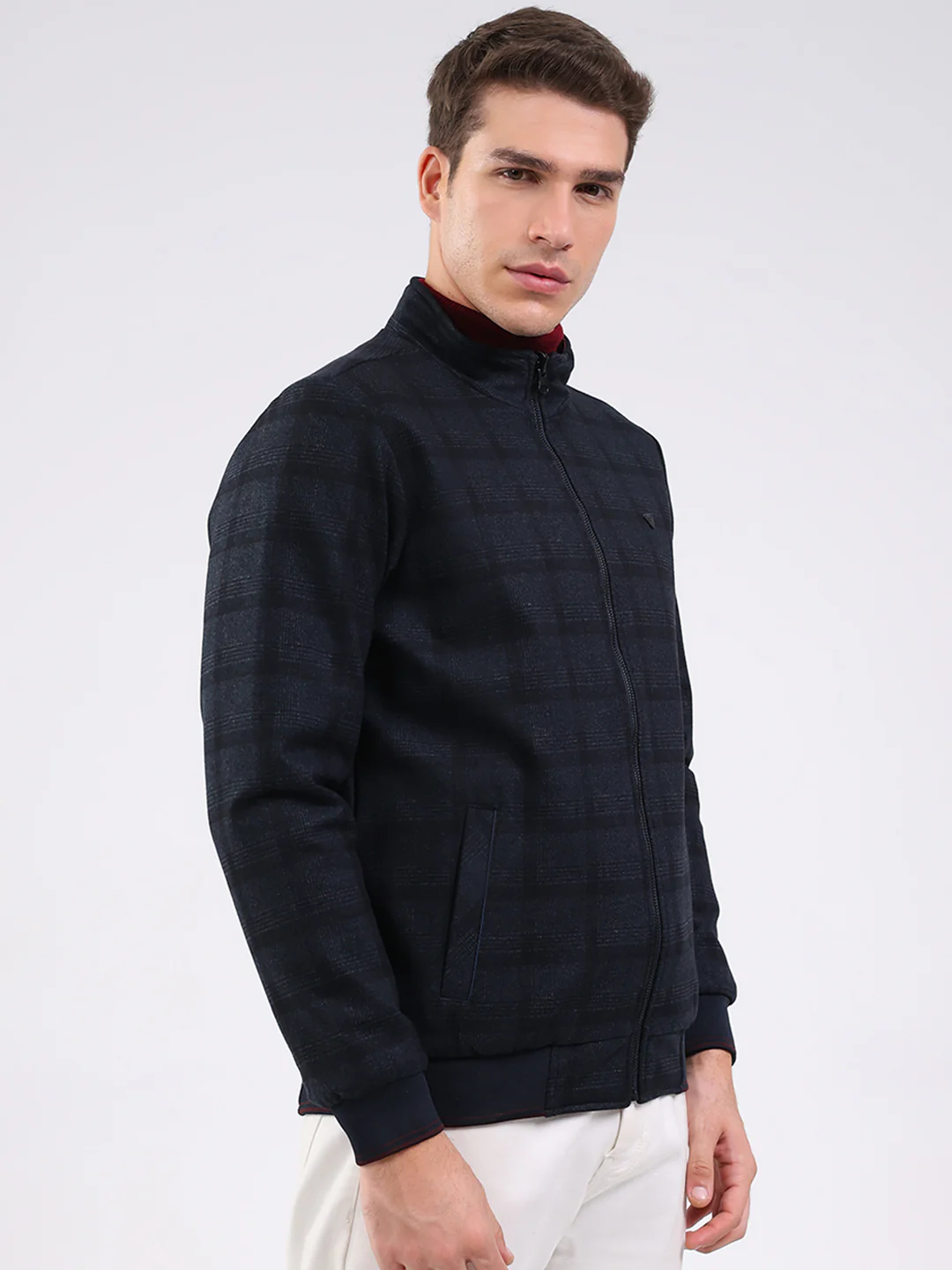 Men Navy Blue Solid Mock Neck Full Sleeve Jacket - Image 4