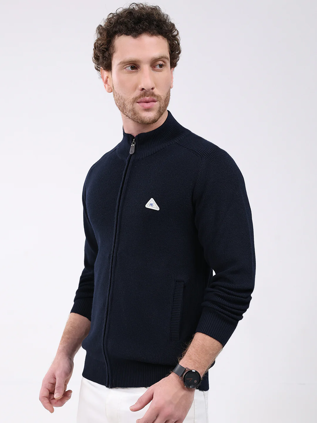 Men Navy Blue Solid Mock Neck Full Sleeve Pullover - Image 3