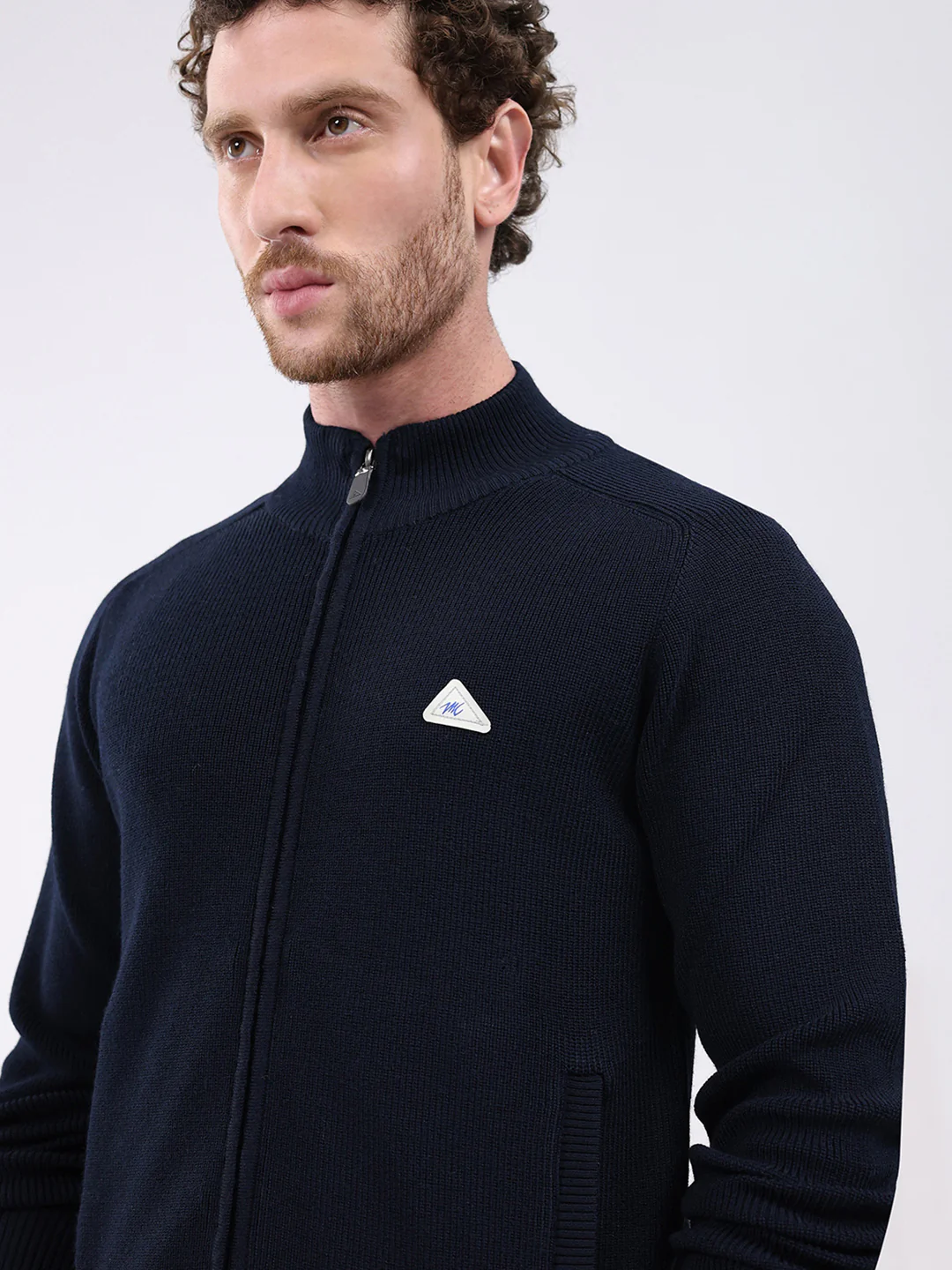 Men Navy Blue Solid Mock Neck Full Sleeve Pullover - Image 6